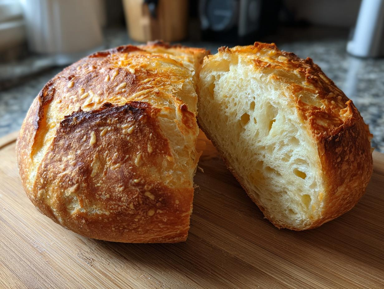 A round loaf of homemade bread, likely for bread bowls, sliced open to show the airy interior and golden, crusty top.