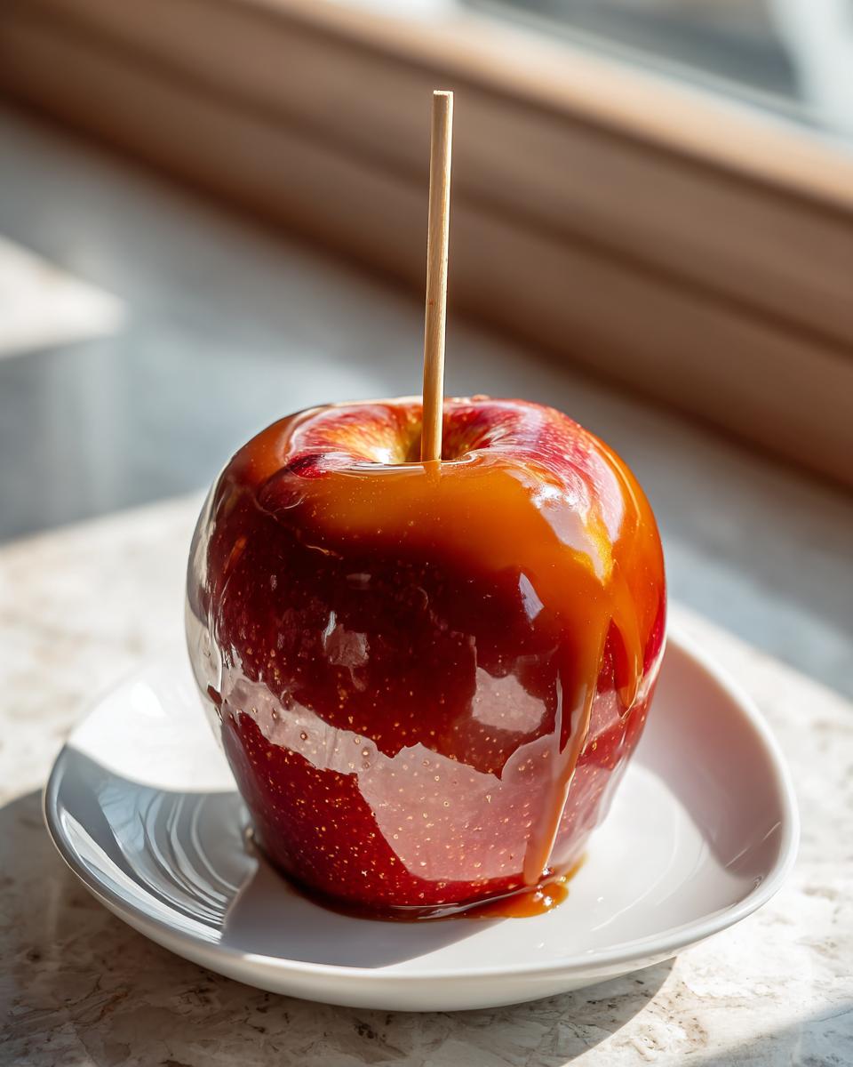 A glossy, red apple covered in dripping caramel, served on a small white plate, ready to eat as a homemade caramel apples treat.