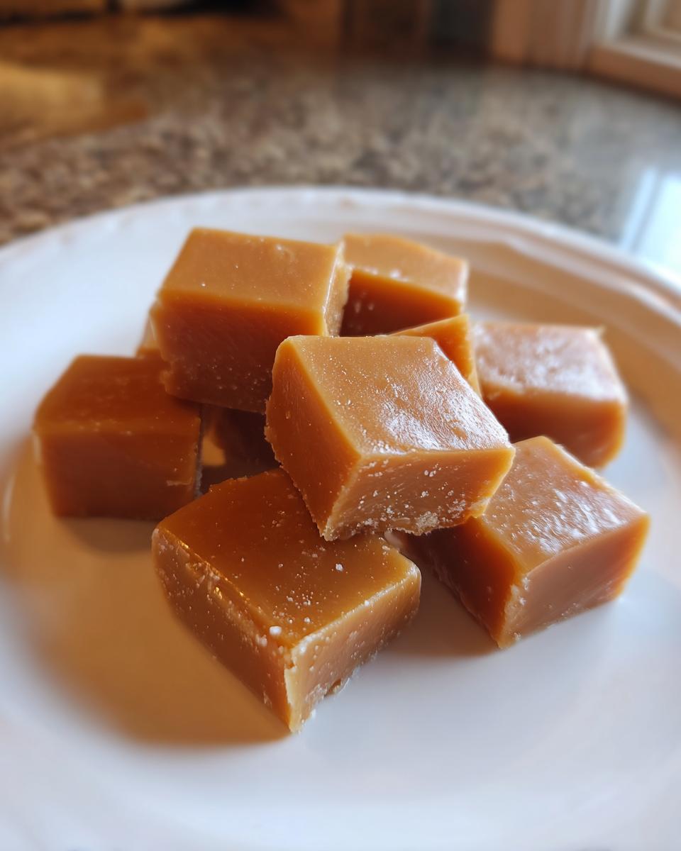 Close-up of several squares of rich, chewy homemade caramel candy stacked on a white plate.