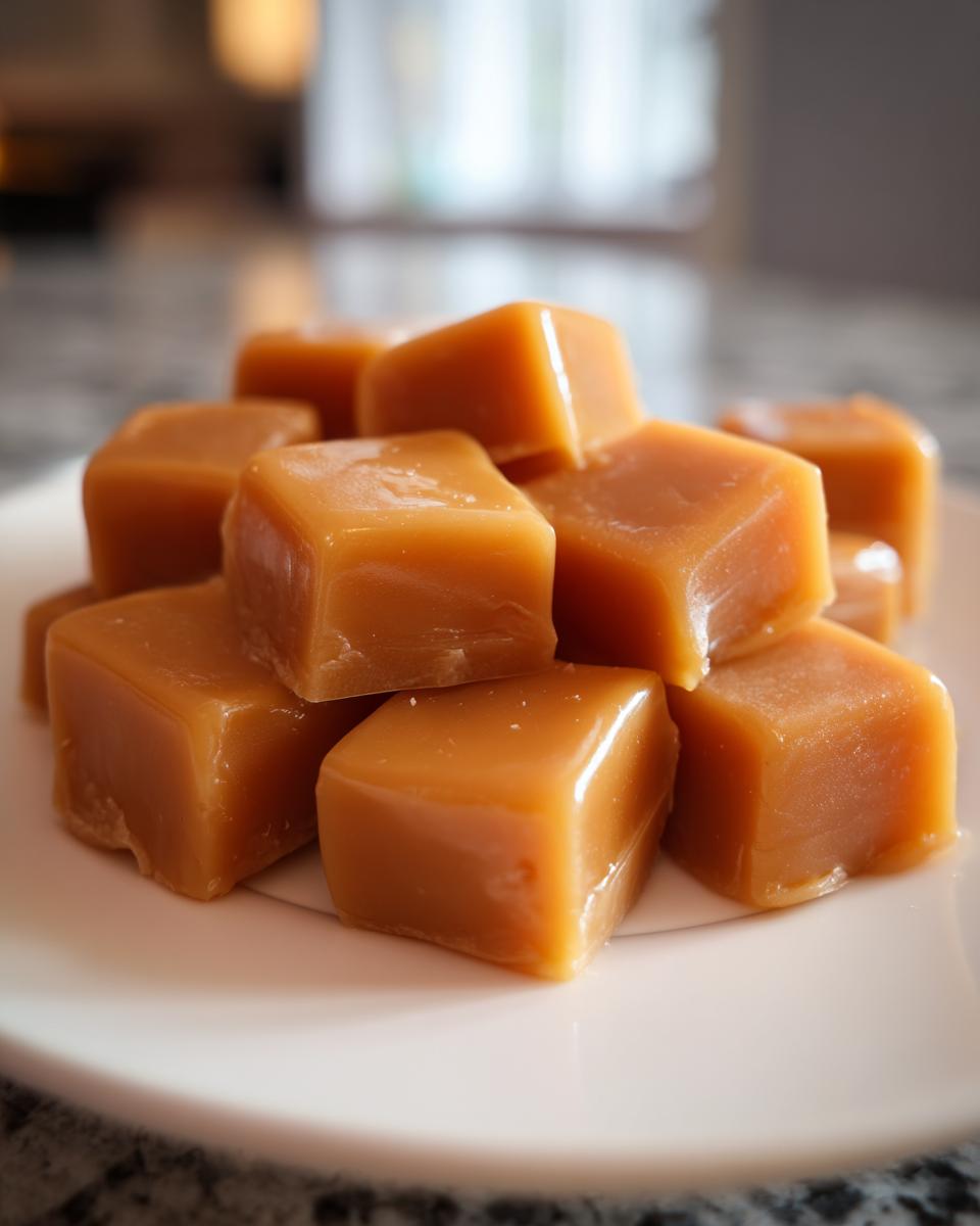 A close-up stack of glossy, square pieces of homemade caramel resting on a white plate.