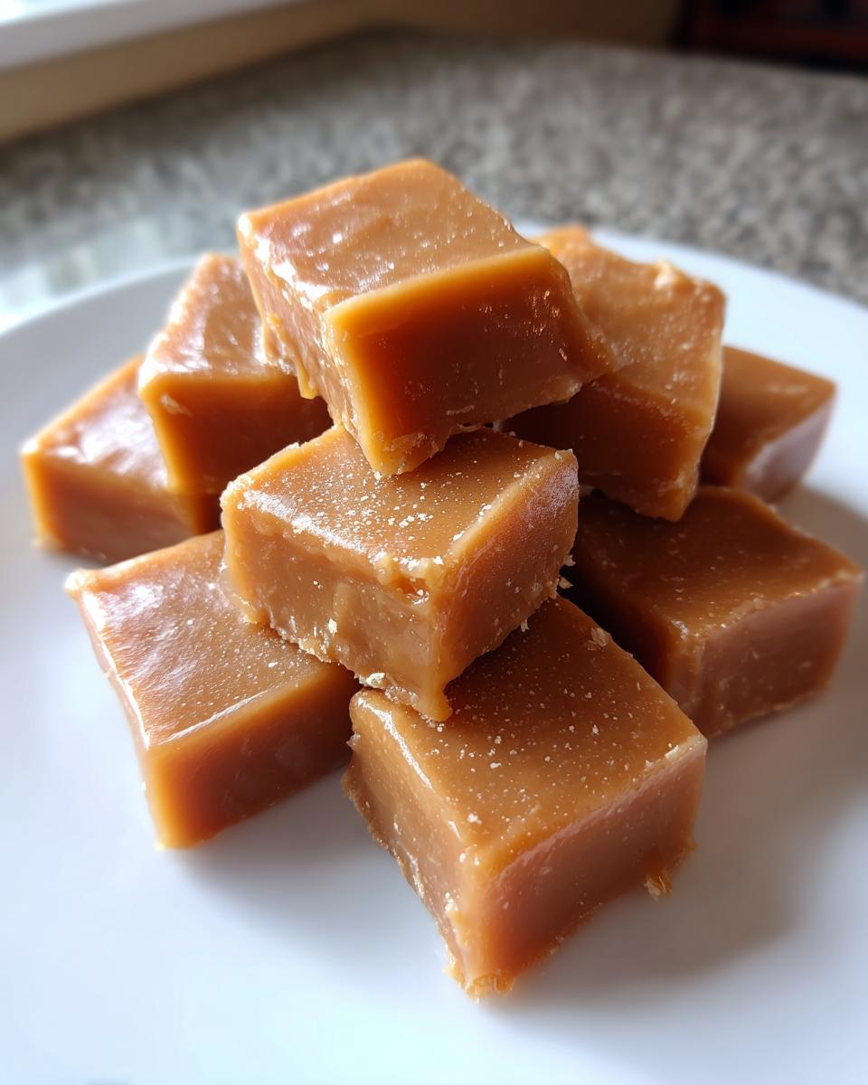 A stack of freshly cut, chewy squares of homemade caramel candy resting on a white plate.