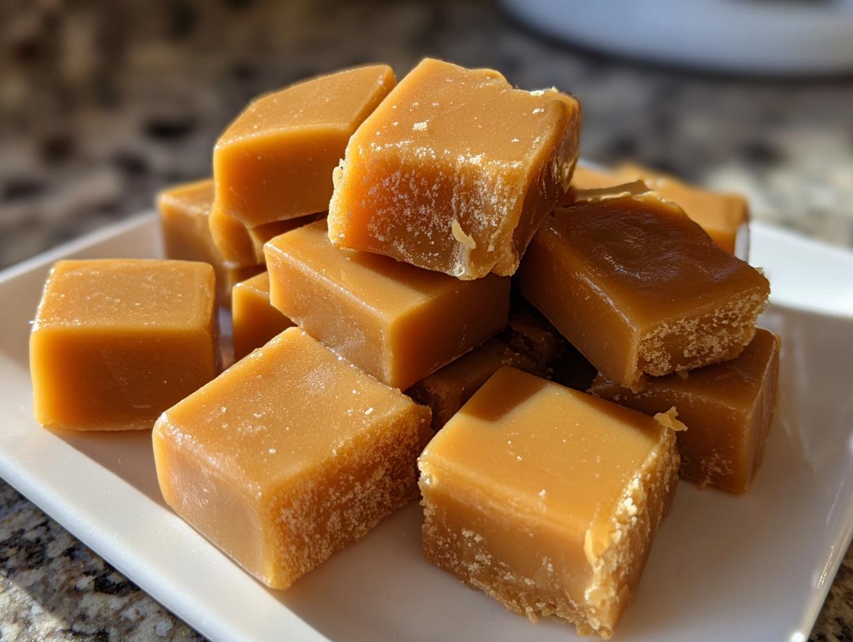 Close-up of chewy, golden squares of homemade caramel stacked on a white plate.