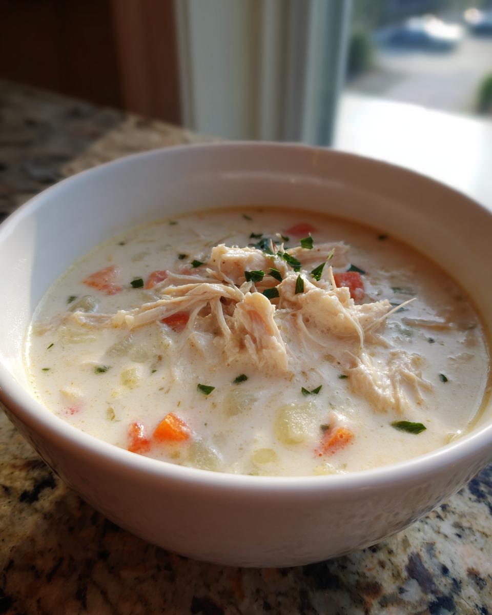 A close-up of a white bowl filled with rich homemade cream of chicken soup, topped with shredded chicken and fresh parsley.