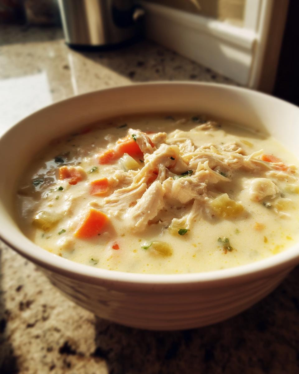Close-up of a bowl filled with rich homemade cream of chicken soup, topped with shredded chicken and visible chunks of carrots.