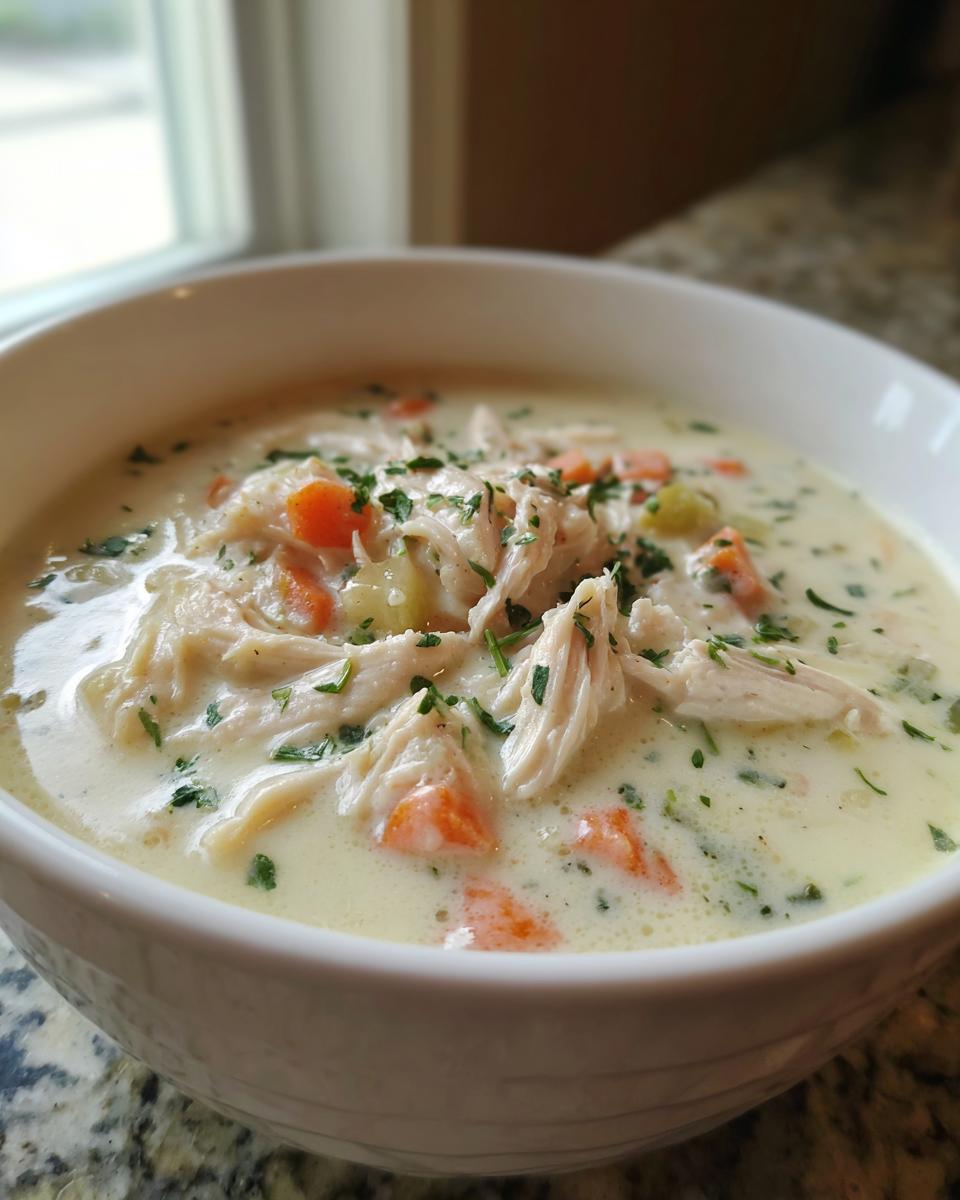 Close-up of a white bowl filled with rich homemade cream of chicken soup, topped with shredded chicken, carrots, and fresh parsley.