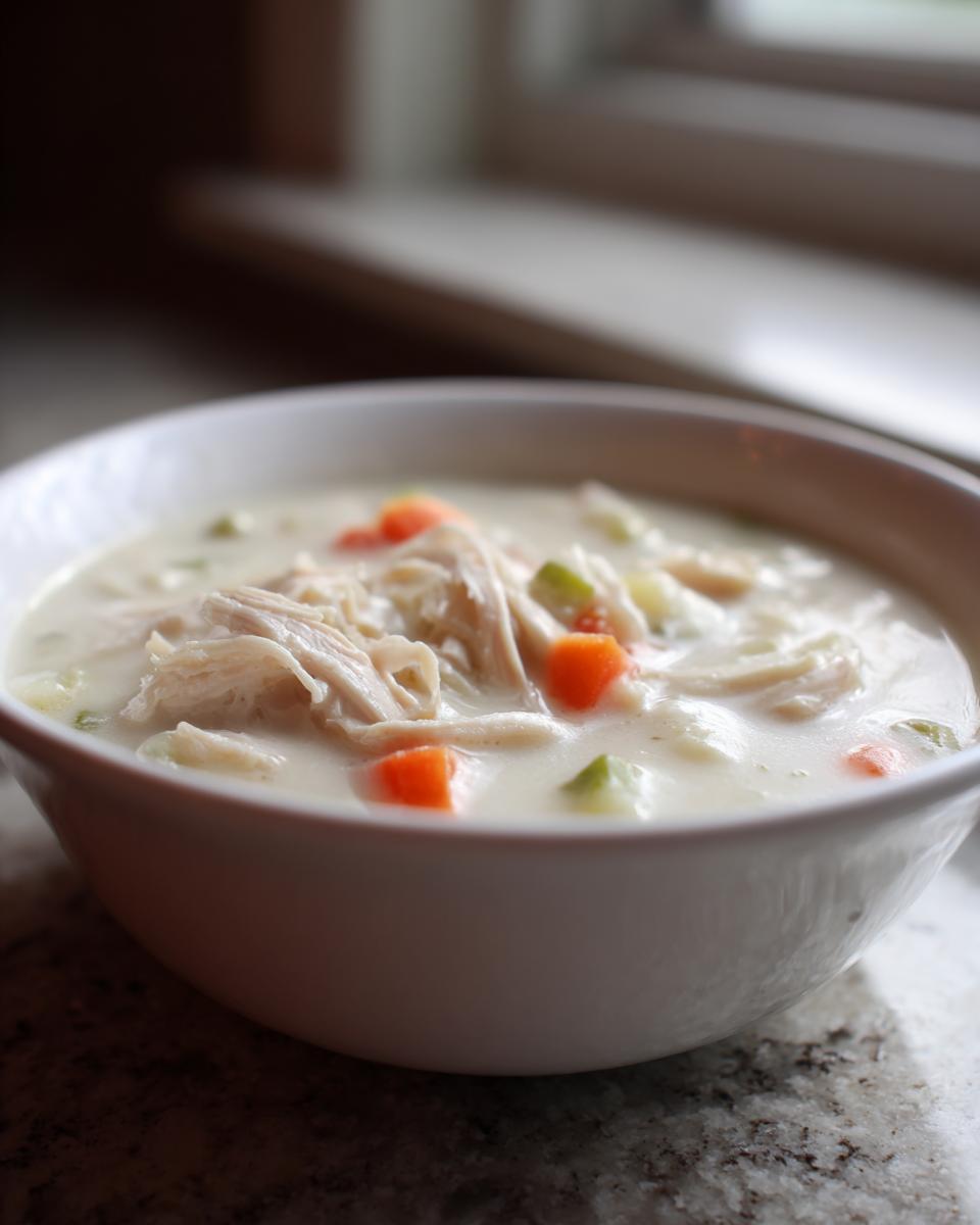 A close-up of a white bowl filled with creamy homemade cream of chicken soup, featuring shredded chicken and diced carrots and celery.