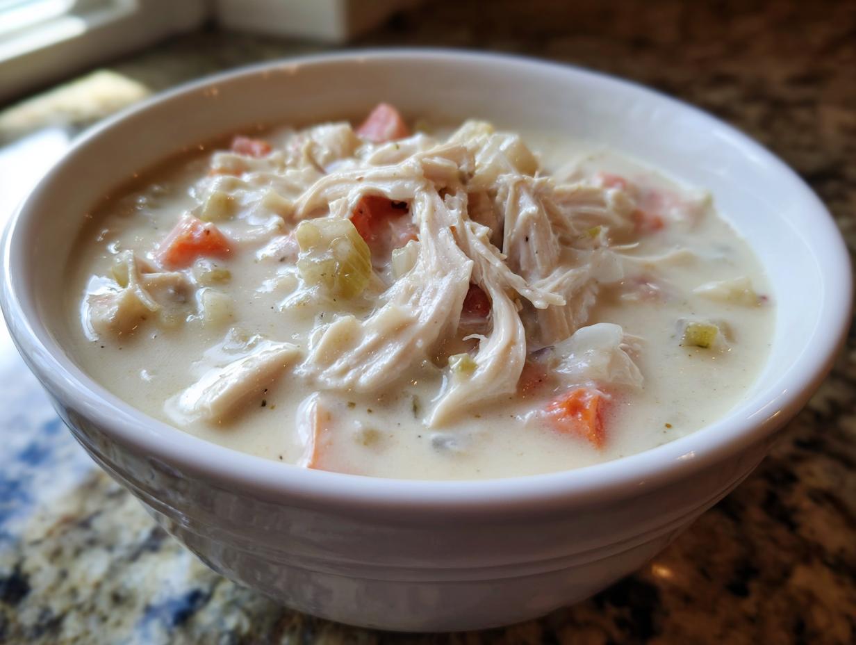 A close-up view of a white bowl filled with rich homemade cream of chicken soup, featuring shredded chicken and diced carrots.
