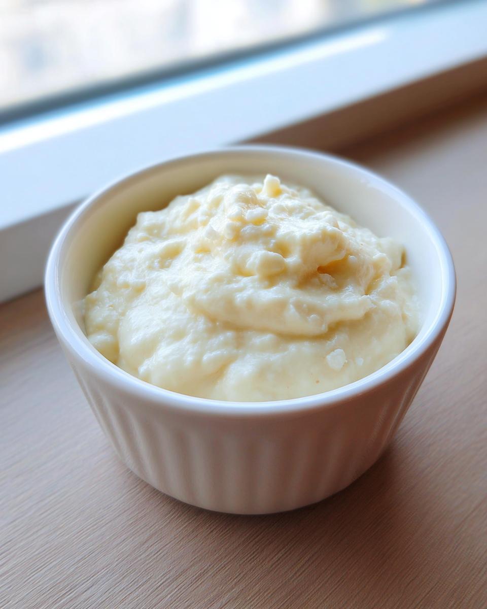 A small white bowl filled with creamy, pale yellow homemade garlic aioli, set on a light wooden surface.