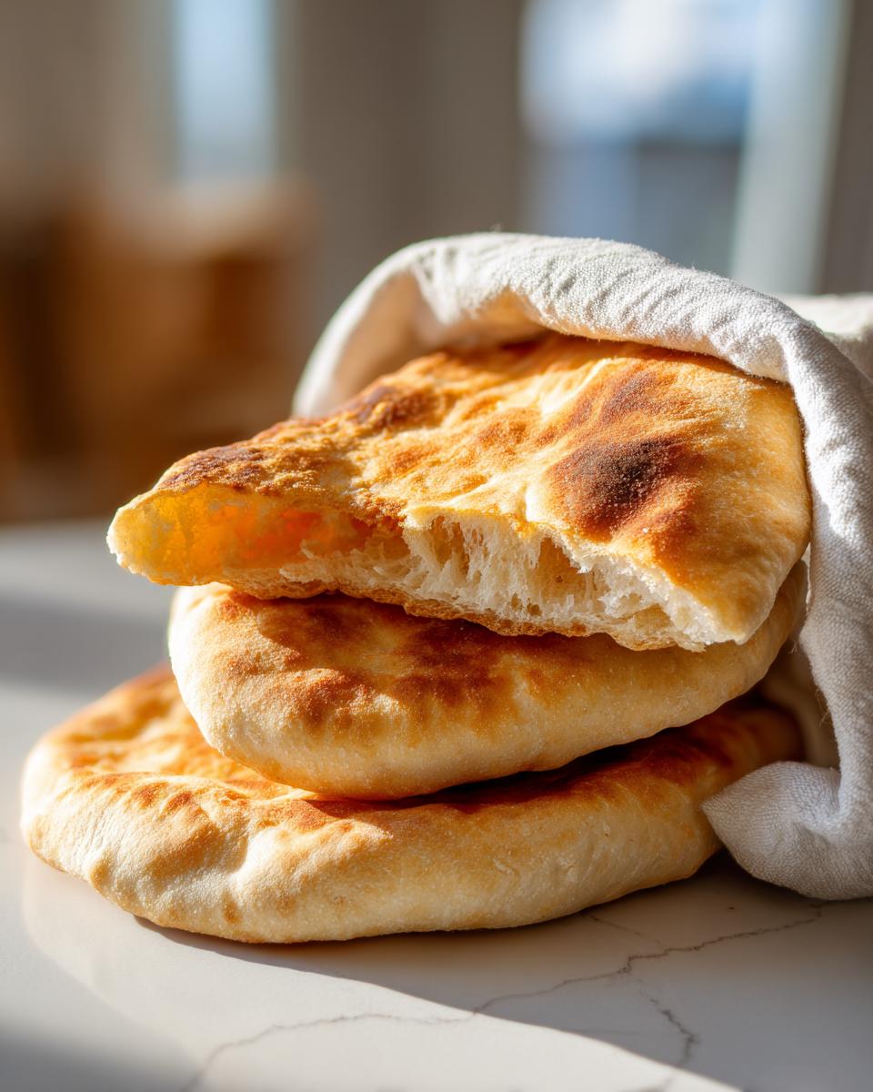 A stack of three freshly baked, fluffy pita bread rounds, one broken open, wrapped partially in a white cloth.