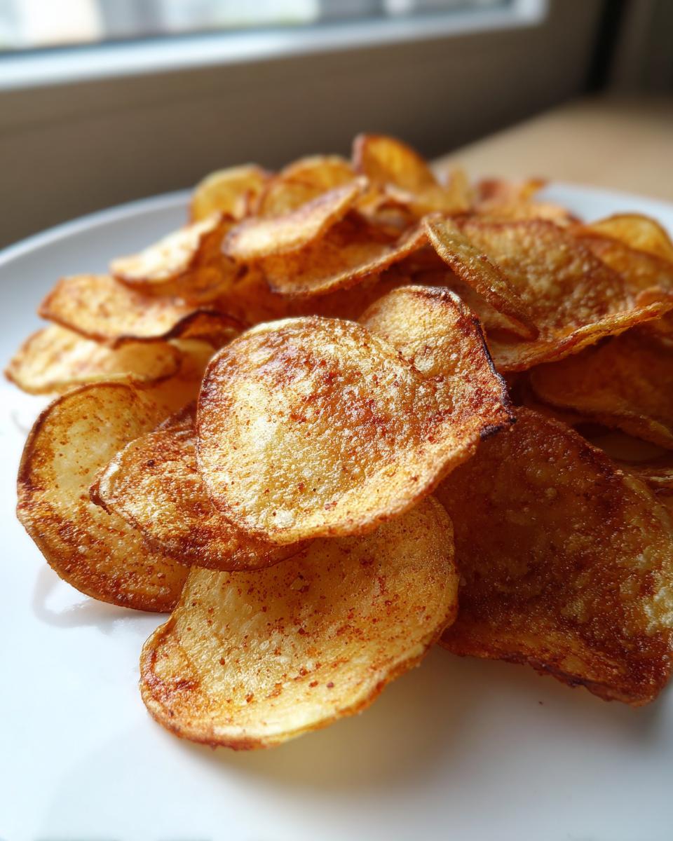 Close-up of golden brown, seasoned homemade potato chips piled high on a white plate, emphasizing their crunch.