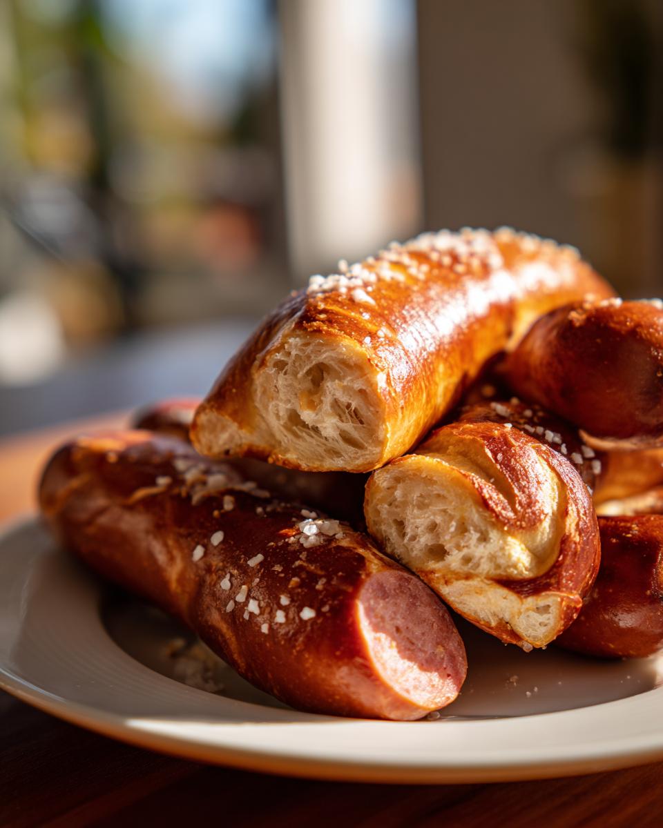 A close-up of several homemade pretzel dogs piled on a white plate, showing the shiny, salted pretzel crust and the sausage filling.