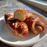 Two golden-brown pretzel dogs on a white plate, one cut open showing the soft interior and sausage filling of the pretzel dogs.