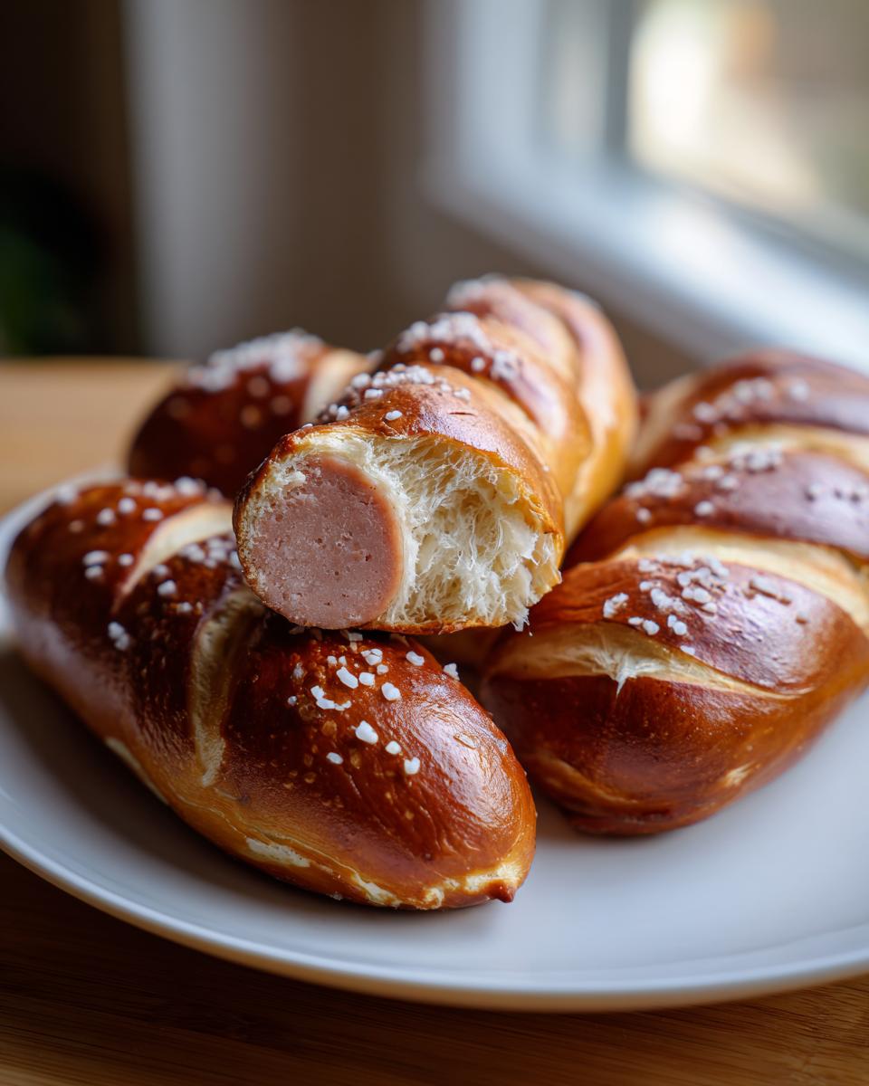 Close-up of homemade pretzel dogs, one cut open to show the sausage inside the soft pretzel dough.