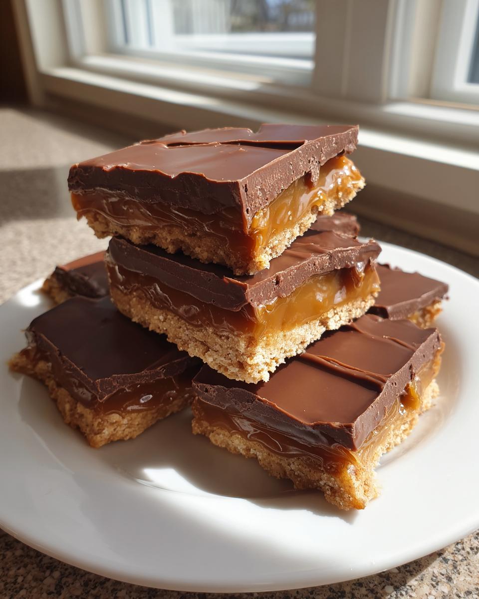 A stack of homemade, low-calorie twix bars featuring a shortbread base, thick caramel layer, and chocolate topping.