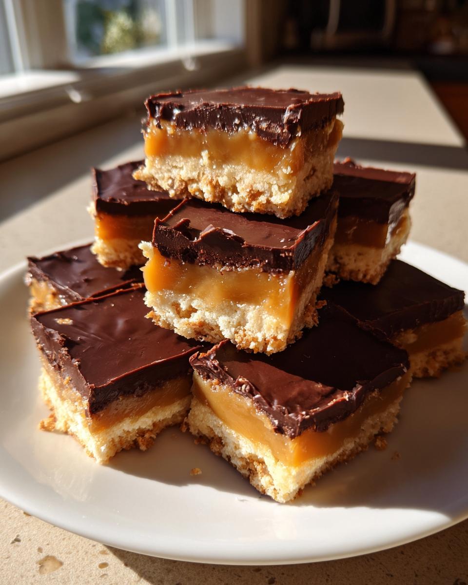 A stack of homemade, layered twix bars featuring a shortbread base, caramel, and chocolate topping, sitting on a white plate.