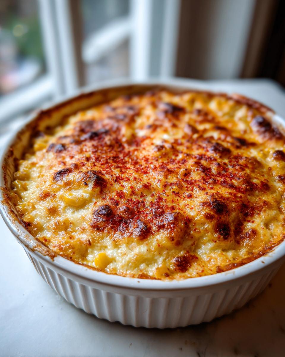 Close-up of a hot, baked elote dip with a bubbly, browned cheese top sprinkled with red chili powder.