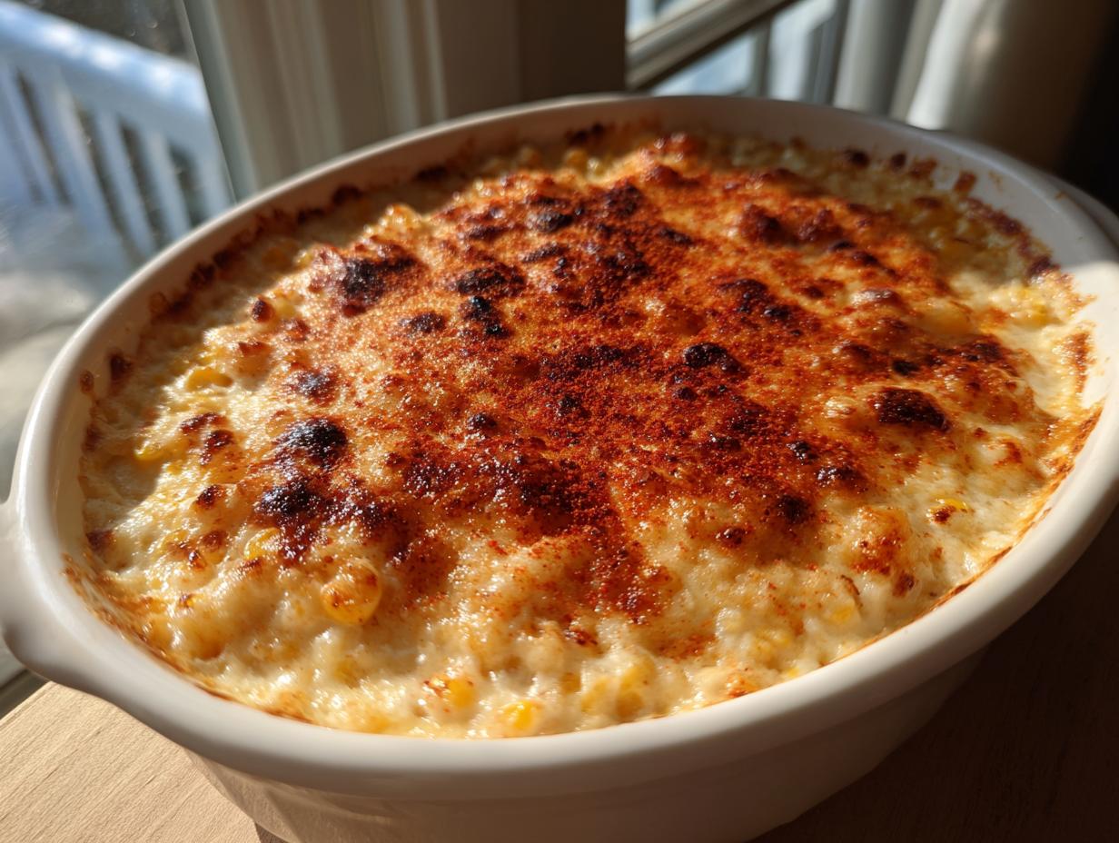 Close-up of a creamy, baked elote dip with a browned, spiced top served in a white oval dish.