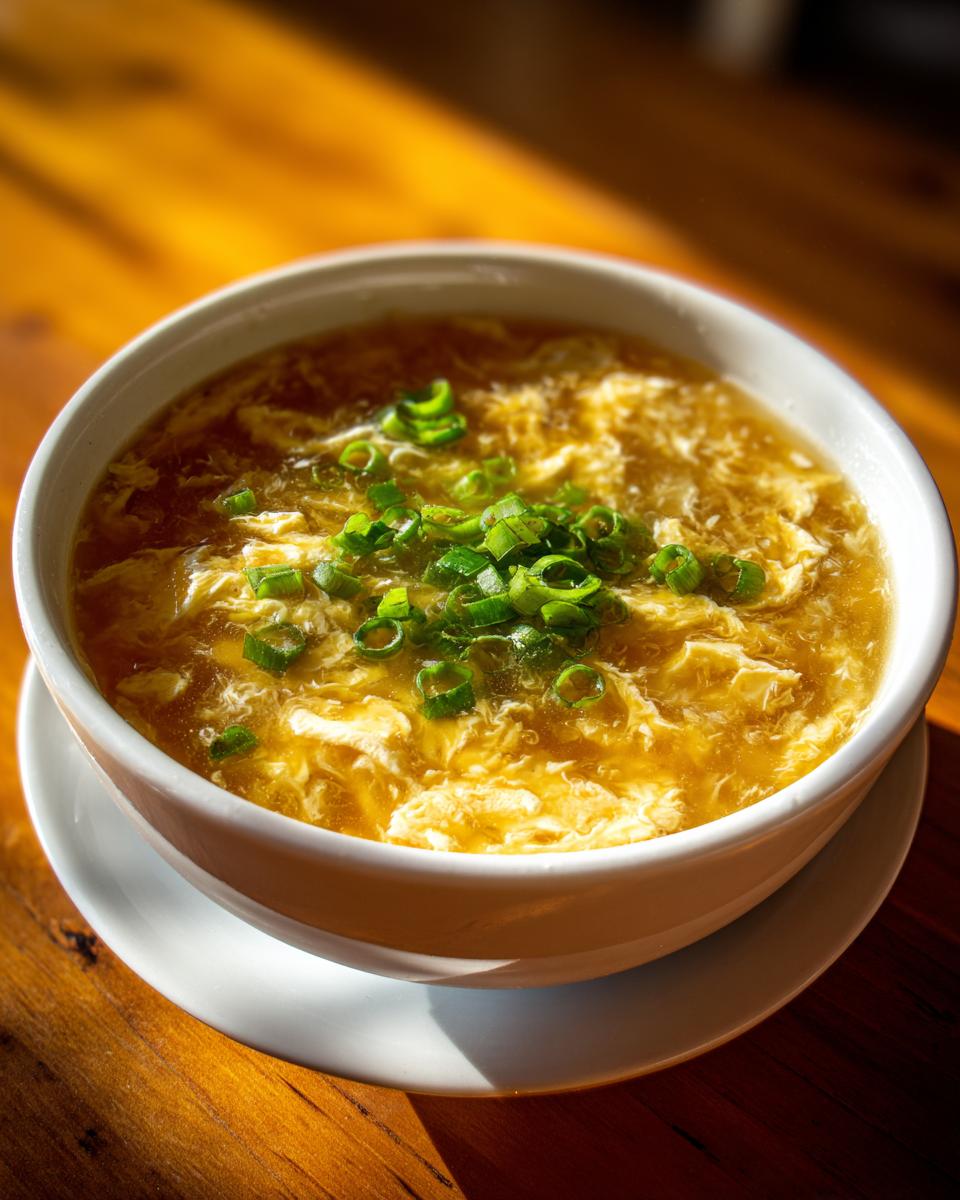 A close-up of a white bowl filled with hot egg drop soup, garnished with fresh green scallions.