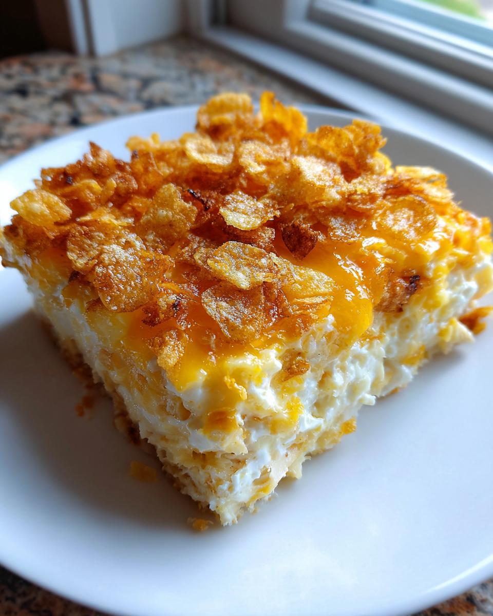 A square serving of hot chicken salad casserole topped with melted cheese and crunchy cornflakes.