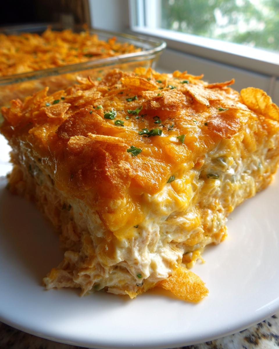 A generous slice of hot chicken salad casserole with a creamy interior and a crunchy, cheesy topping.