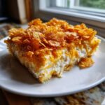 A square serving of hot chicken salad casserole topped with golden, crunchy cornflakes, served on a white plate.