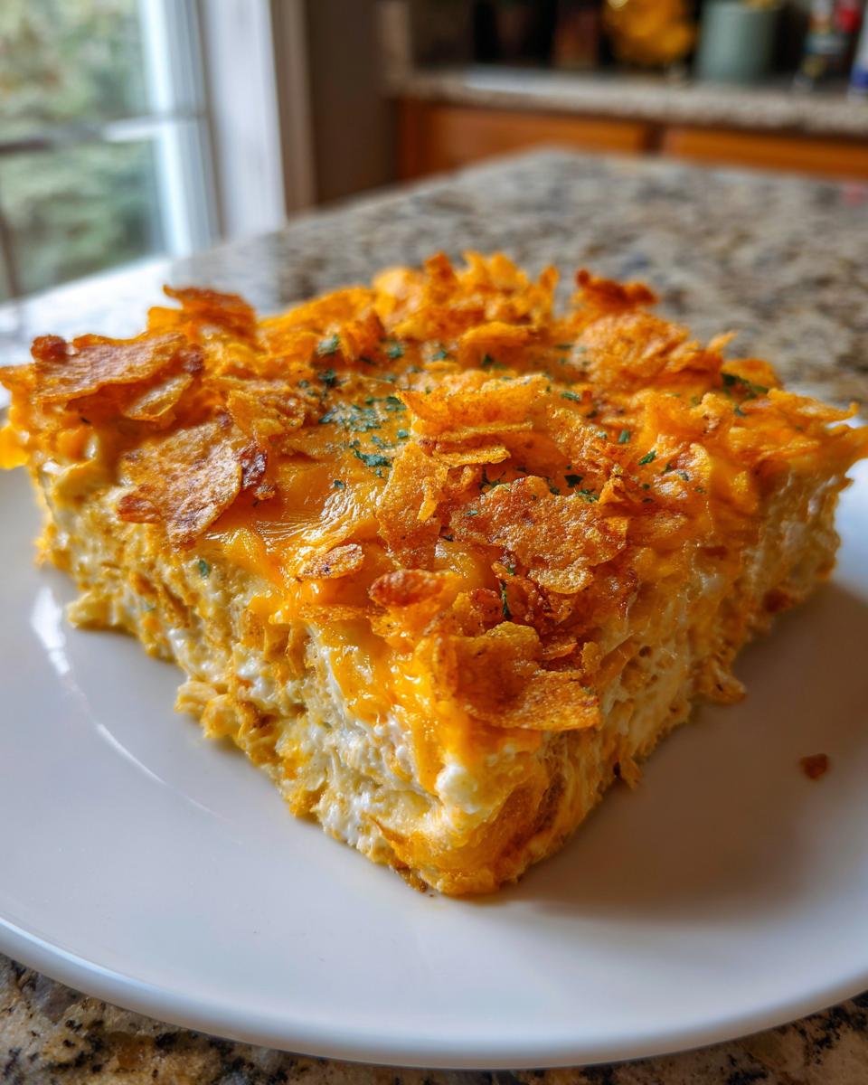 A close-up slice of hot chicken salad casserole topped with melted cheese and crunchy cornflakes.