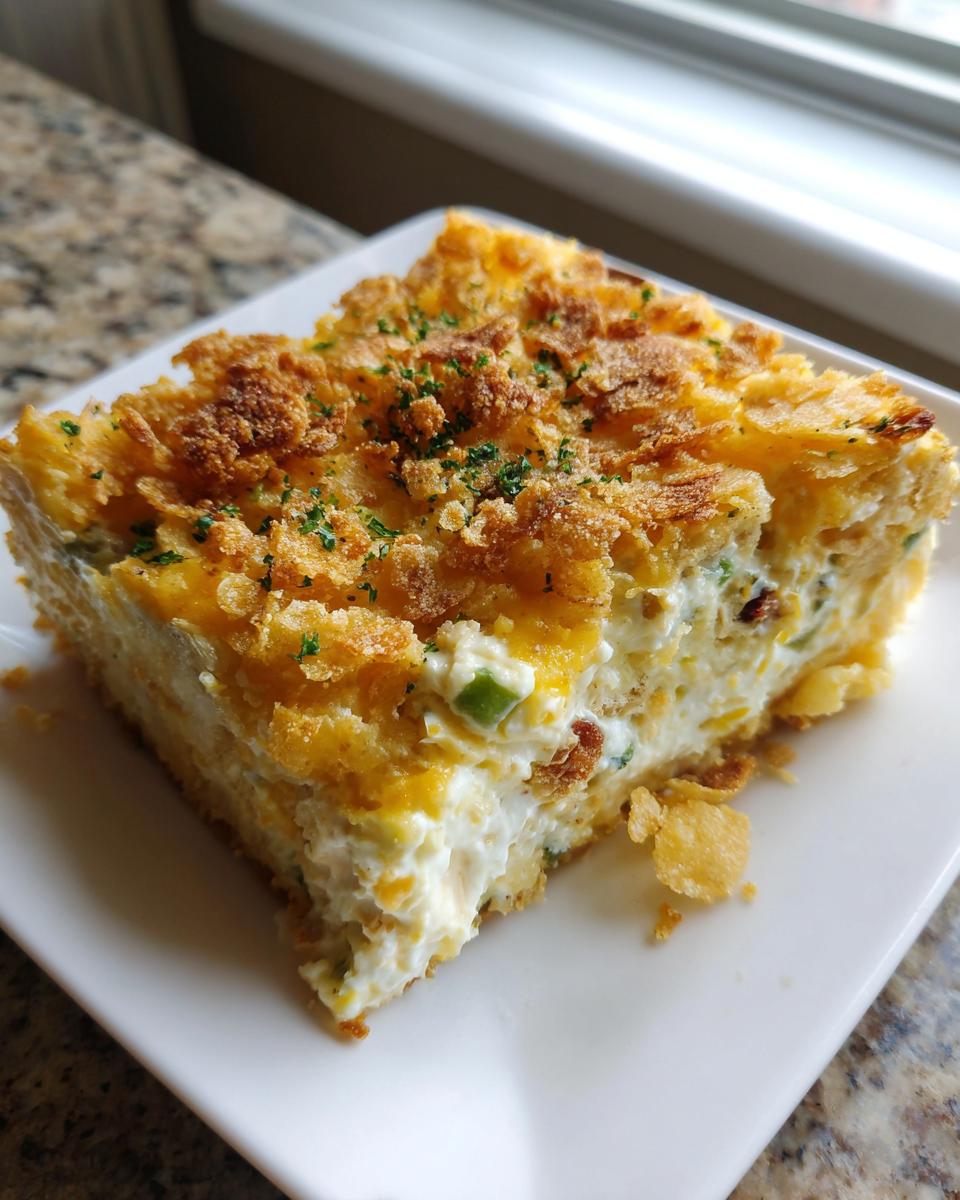 A square slice of creamy hot chicken salad casserole with a golden, crunchy topping, served on a white plate.