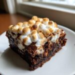 A single, rich slice of hot chocolate brownies topped with perfectly toasted mini marshmallows.