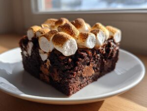A rich, fudgy square of hot chocolate brownies topped with perfectly toasted marshmallows served on a white plate.