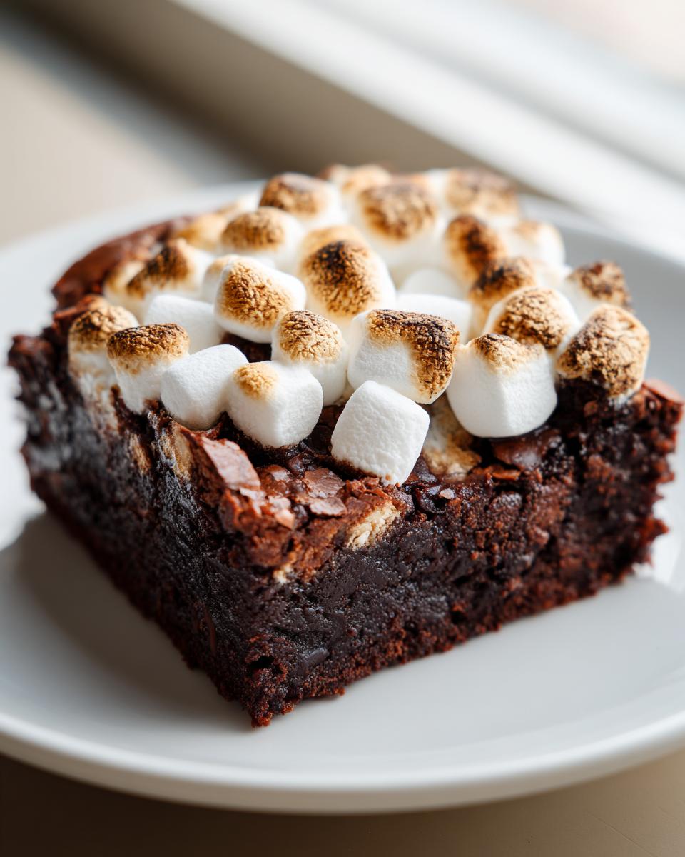 A rich, fudgy slice of hot chocolate brownies topped with toasted mini marshmallows.