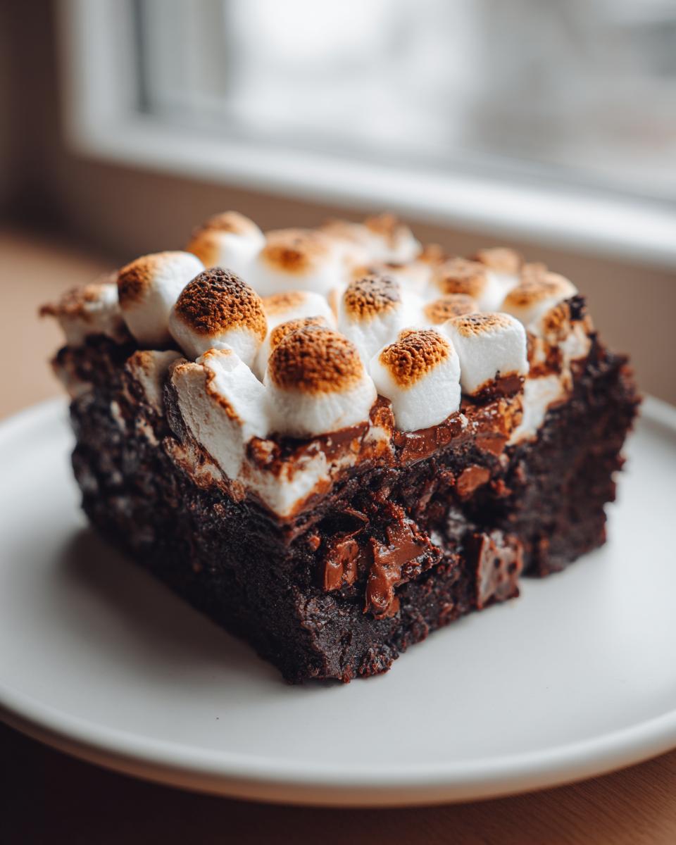 A single square of rich, fudgy hot chocolate brownies topped with perfectly toasted mini marshmallows.