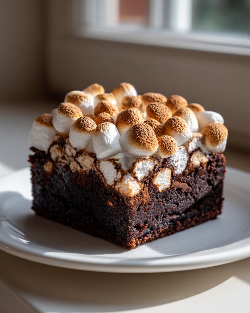 A single, rich hot chocolate brownie square topped with toasted marshmallows, sitting on a white plate.