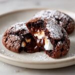 Close-up of a broken hot chocolate cookie revealing a gooey, melted chocolate and marshmallow center.