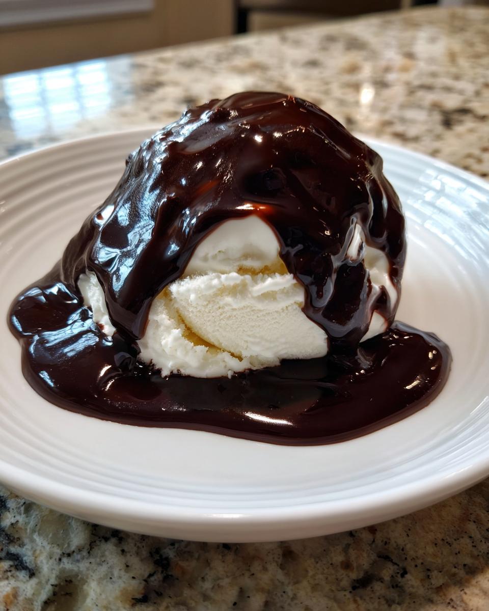A scoop of vanilla ice cream generously covered in rich, homemade chocolate syrup on a white plate.