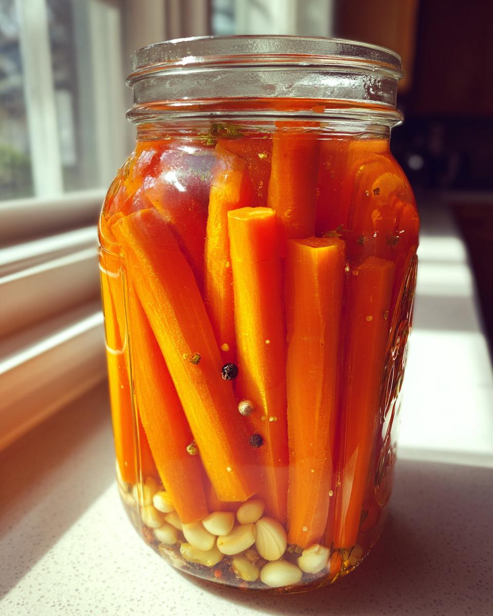 A glass jar filled with bright orange pickled carrots, garlic cloves, and peppercorns submerged in brine.