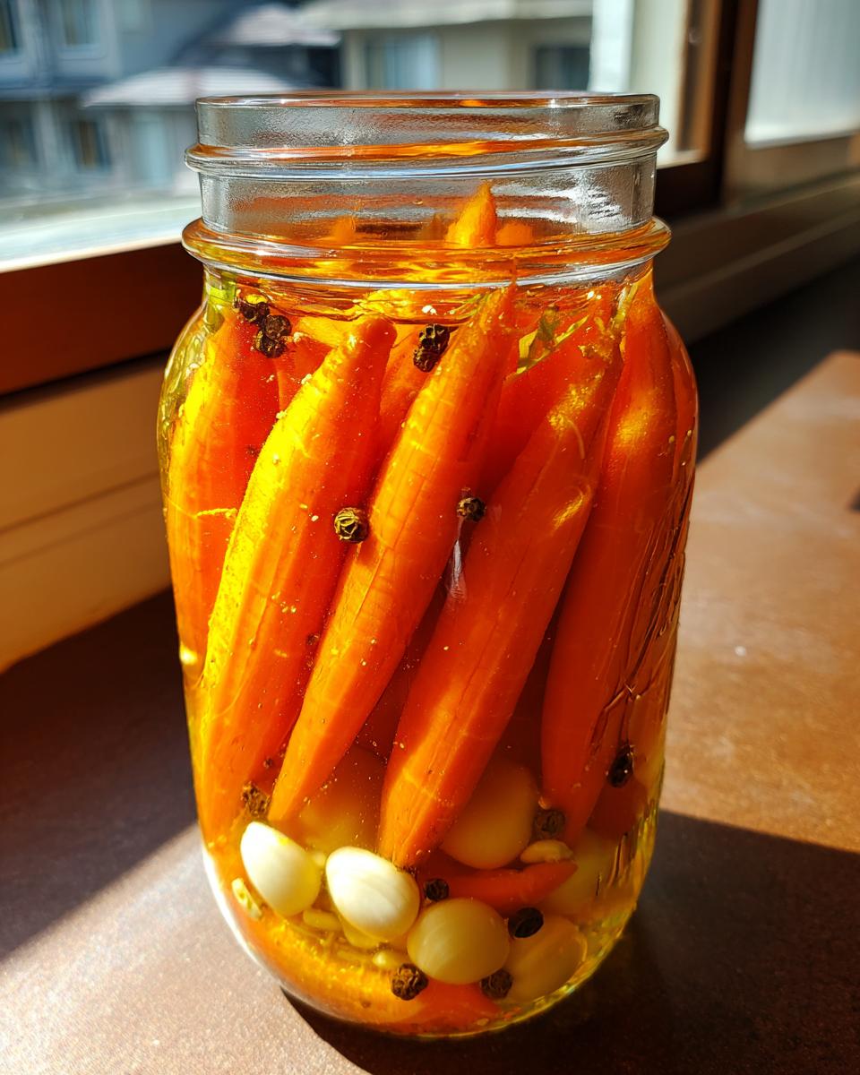 Close-up of whole pickled carrots standing upright in a glass jar with garlic cloves and peppercorns, ready to eat.