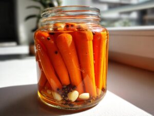 A glass jar filled with whole, bright orange pickled carrots, garlic cloves, and black peppercorns submerged in brine.