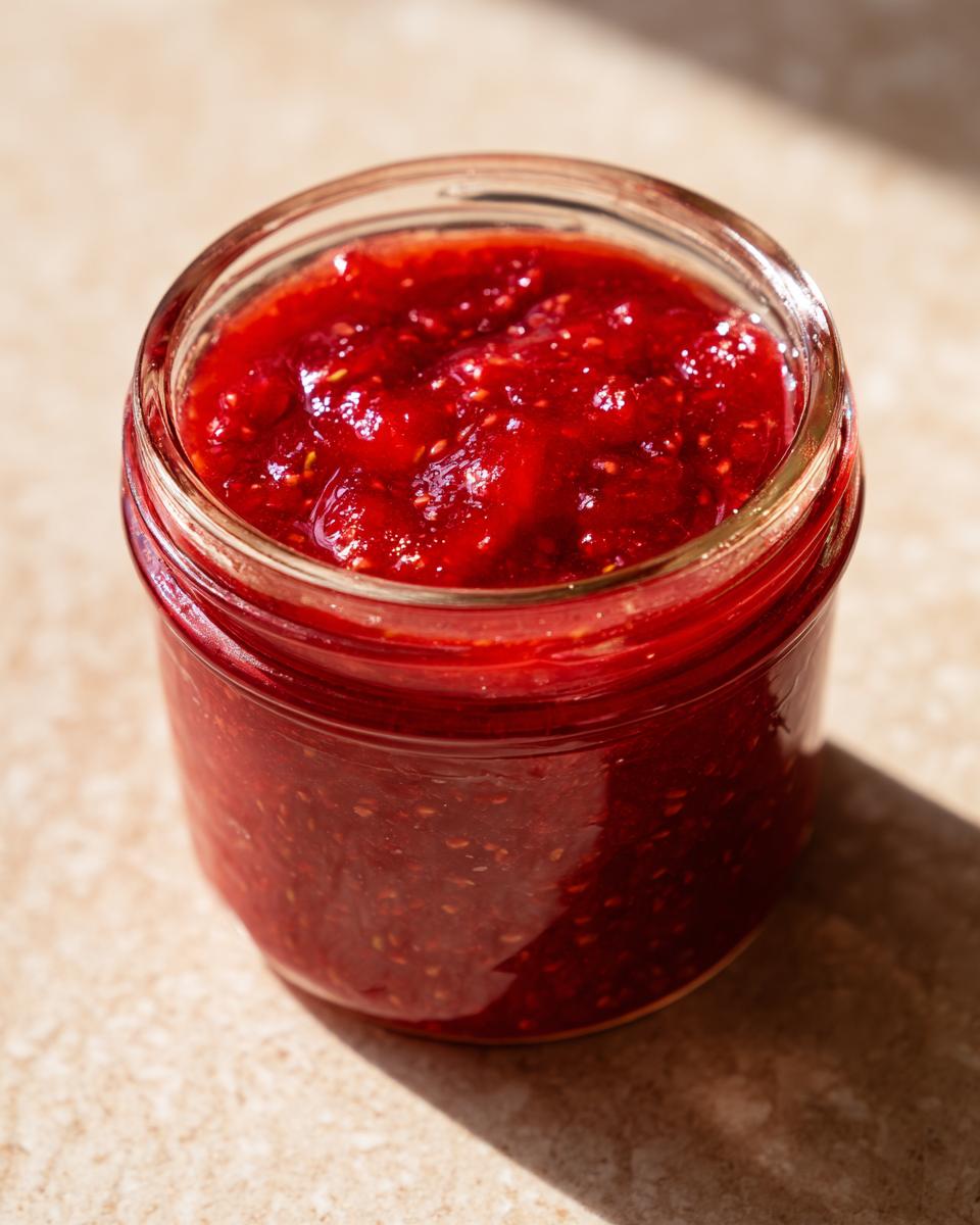 Close-up of a glass jar filled with bright red strawberry freezer jam, showing visible seeds.