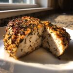 Cross-section view of a perfectly cooked, juicy baked chicken breast seasoned with herbs.