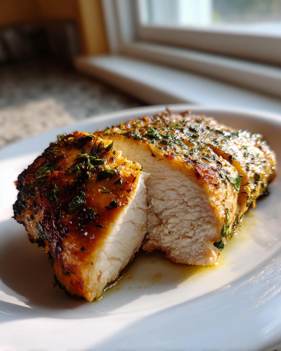 Cross-section of a perfectly cooked baked chicken breast showing moist white meat and a golden, herb-crusted exterior.