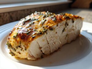 Cross-section of a perfectly cooked, juicy baked chicken breast seasoned with herbs and glaze.