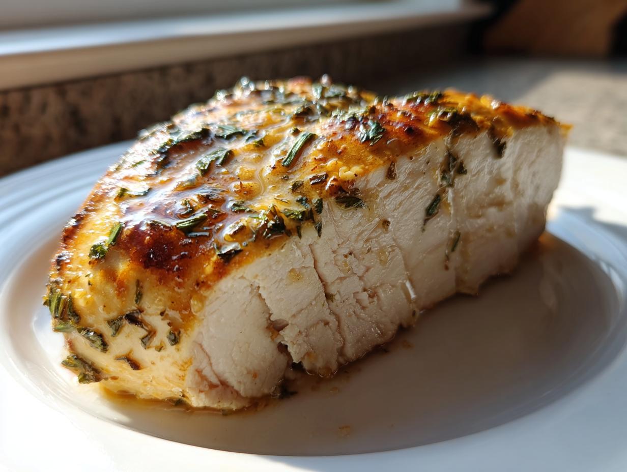 Cross-section of a perfectly cooked, juicy baked chicken breast seasoned with herbs and glaze.