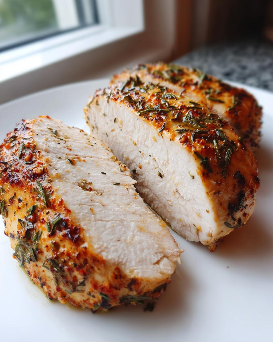 Cross-section of a juicy baked chicken breast seasoned with herbs and spices, perfectly cooked.