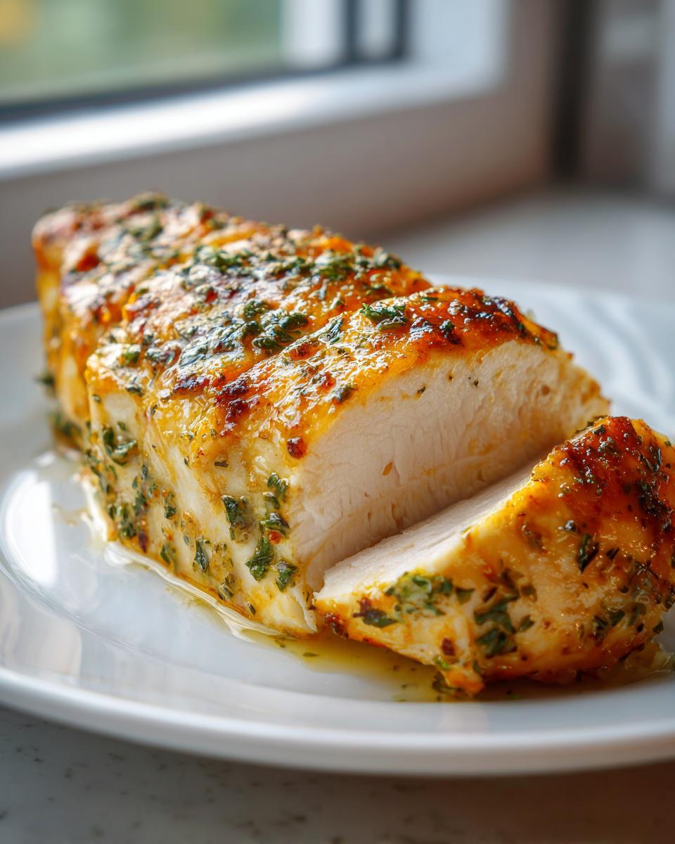 A close-up of a juicy baked chicken breast, sliced to show the white interior, covered in a savory herb glaze.
