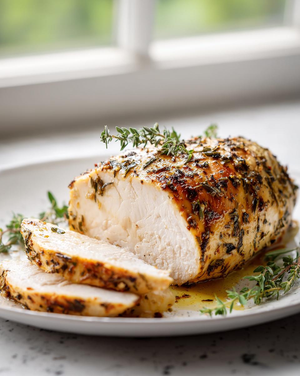 A perfectly cooked, juicy baked chicken breast, sliced to show the white meat, seasoned with herbs.