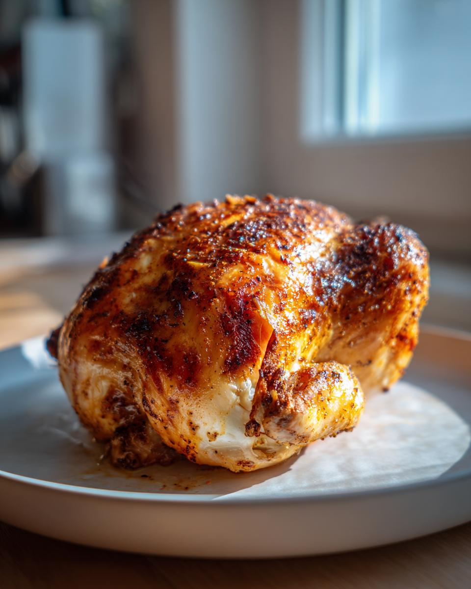 A perfectly roasted whole chicken with golden, crispy skin resting on a white plate.