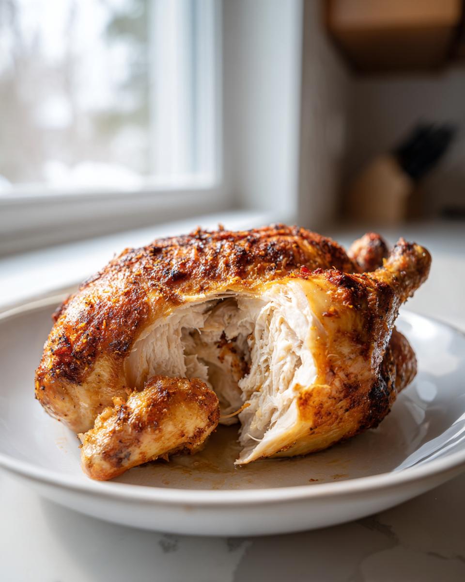 A juicy roast whole chicken, cut open to show moist white meat, resting on a white plate.