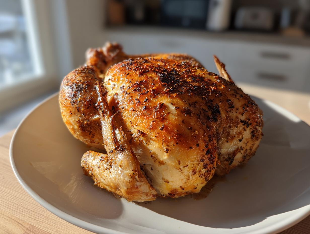 A perfectly roasted whole chicken with golden-brown, seasoned, crispy skin resting on a white plate.