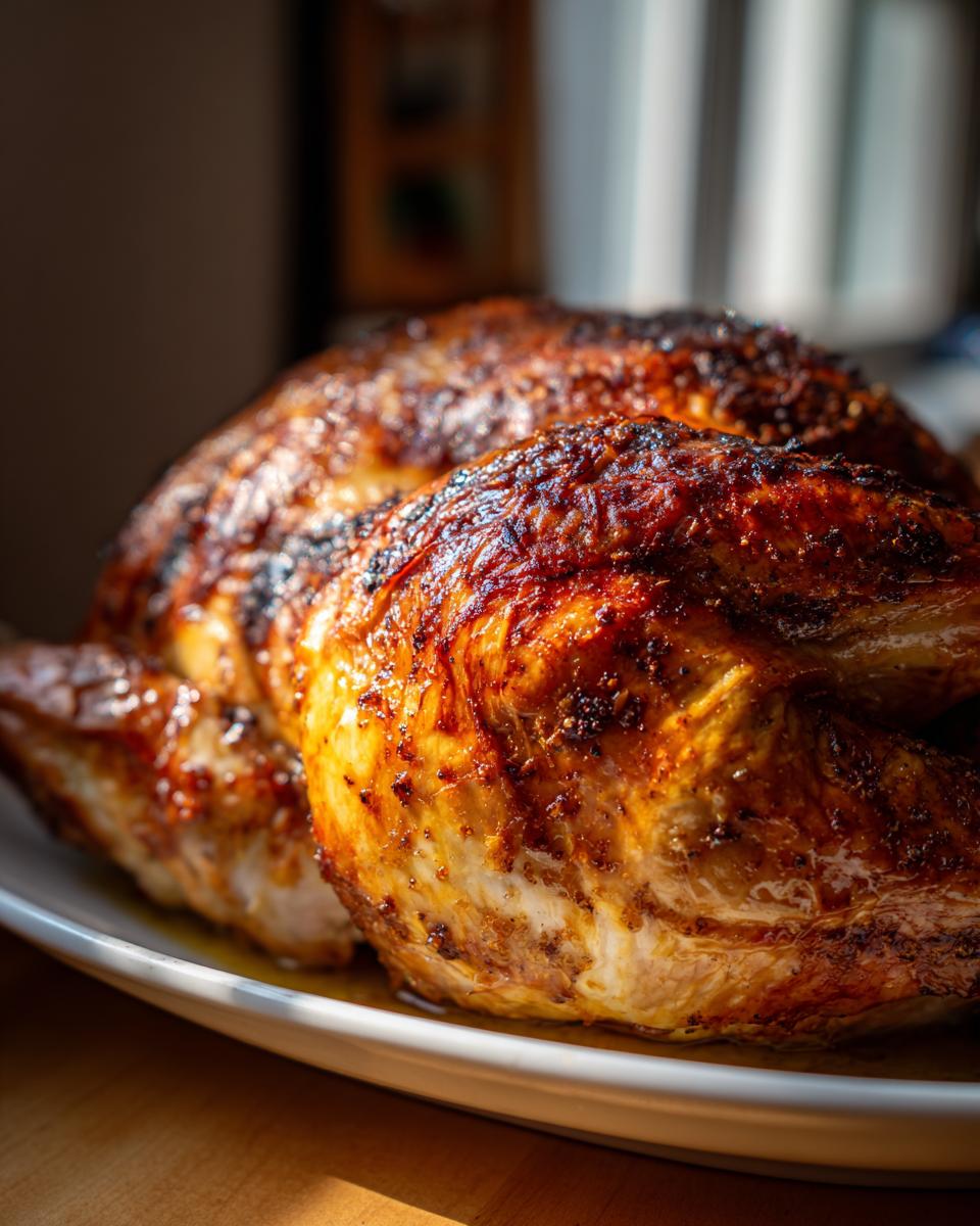 Close-up of a whole roasted turkey with deeply browned, crispy skin, ready to serve.
