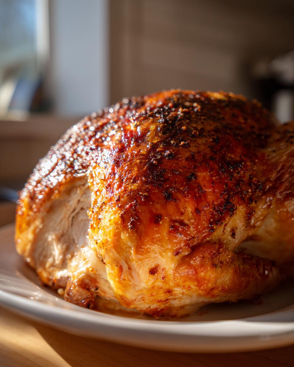 Close-up of a beautifully roasted turkey with golden-brown, crispy skin, showing the moist interior meat.